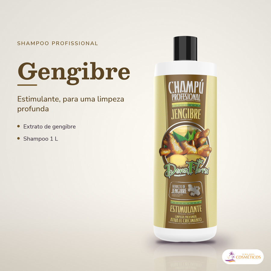 Shampoo de Gengibre Dona Flora Ajuda no Crescimento: frasco em fundo de estúdio, com o nome da linha e as notas