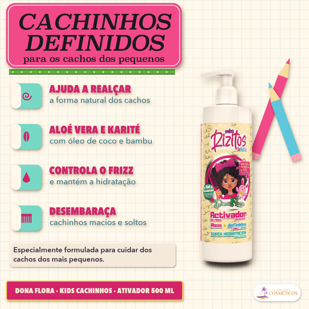 Ativador Kids Meus Cachinhos Dona Flora: apresentação, com o que a fórmula faz pelo fio