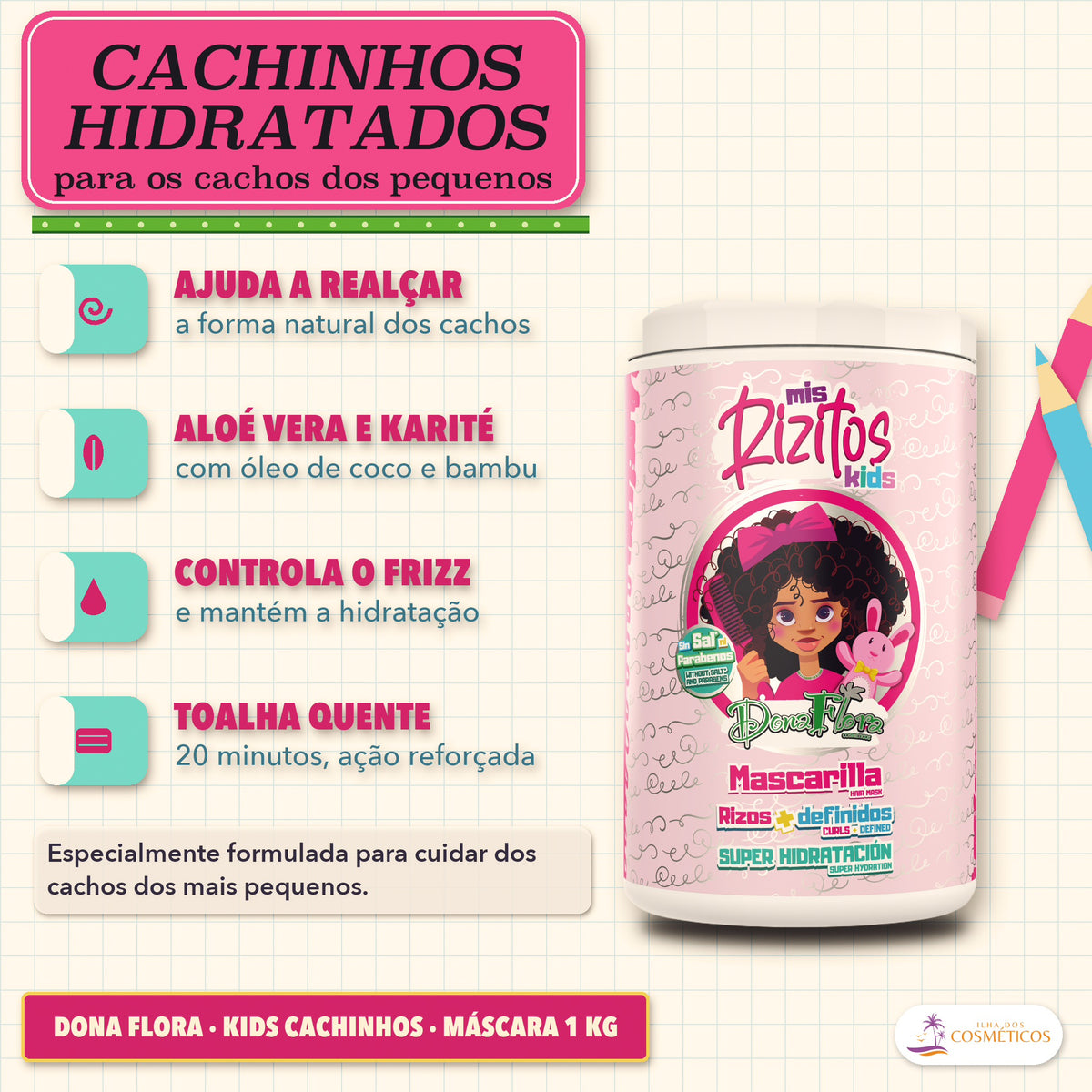 Máscara Kids Meus Cachinhos Dona Flora: apresentação, com o que a fórmula faz pelo fio