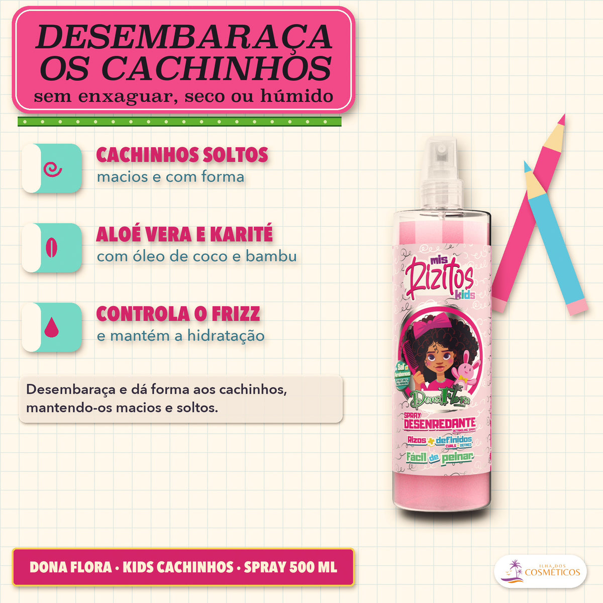 Spray Desembaraçador Kids Dona Flora: apresentação, com o que a fórmula faz pelo fio