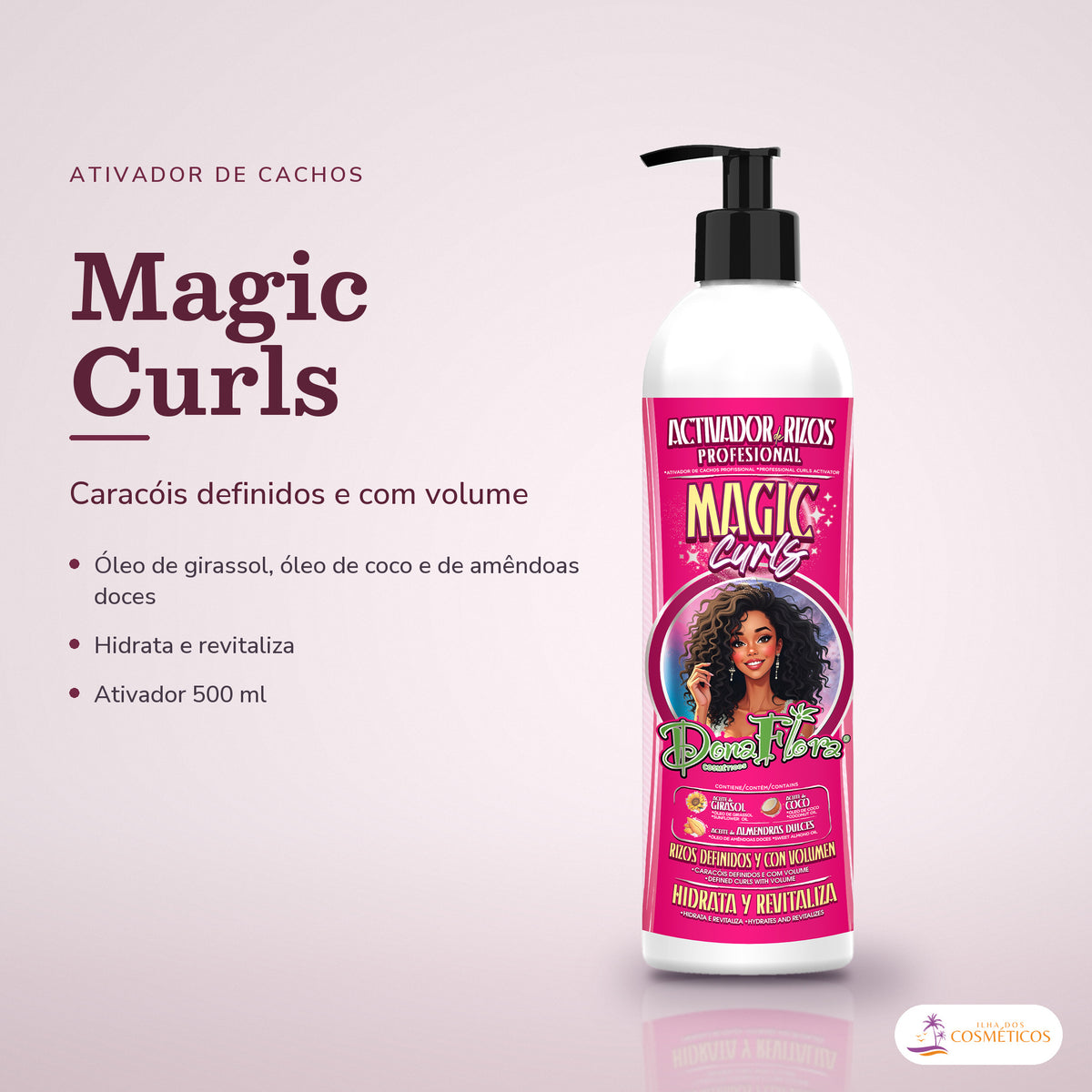 Ativador de Cachos Definição Magic Curls Dona Flora: frasco em fundo de estúdio, com o nome da linha e as notas