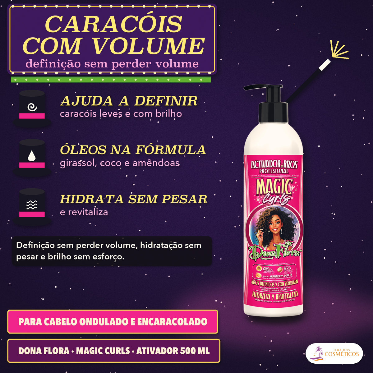 Dona Flora Magic Curls Ativador de Cachos Definição & Volume: apresentação, com o que a fórmula faz pelo fio