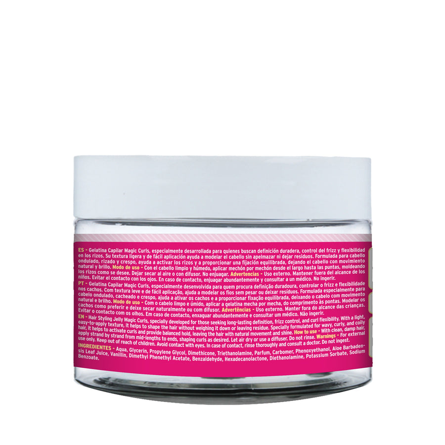 Dona Flora Magic Curls Gelatina Capilar Definição 500ml: o verso da embalagem, com o texto do rótulo