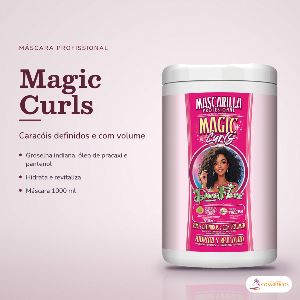 Máscara Definição e Volume Magic Curls Dona Flora: pote em fundo de estúdio, com o nome da linha e as notas