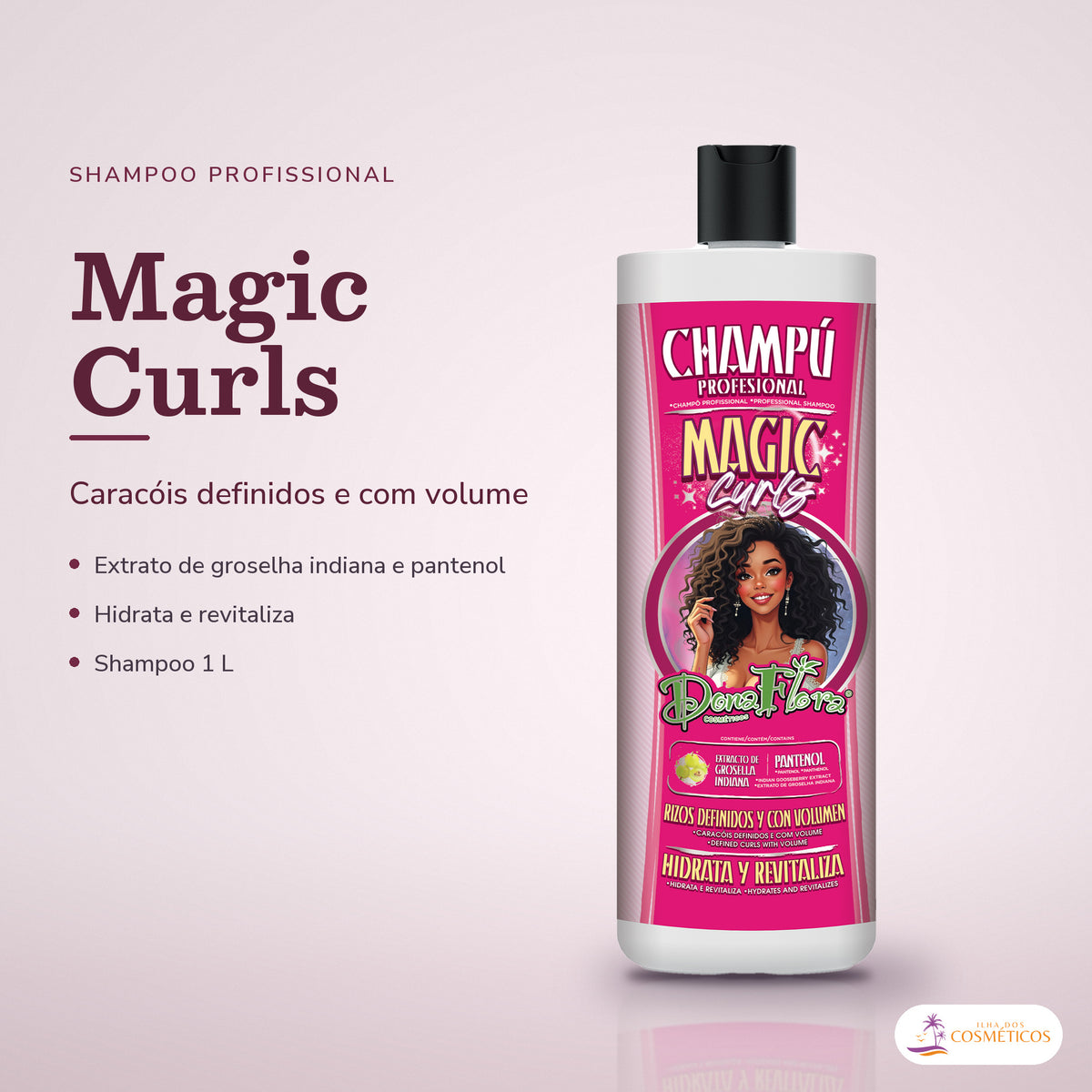 Shampoo Definição e Volume Magic Curls Dona Flora: frasco em fundo de estúdio, com o nome da linha e as notas