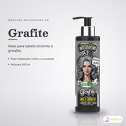 Máscara Matizadora Grafite Dona Flora Tom Acinzentado: pote em fundo de estúdio, com o nome da linha e as notas