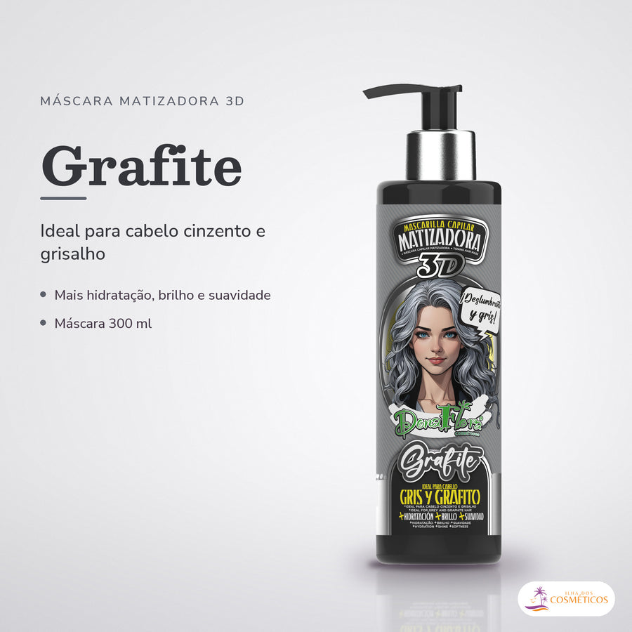 Máscara Matizadora Grafite Dona Flora Tom Acinzentado: pote em fundo de estúdio, com o nome da linha e as notas