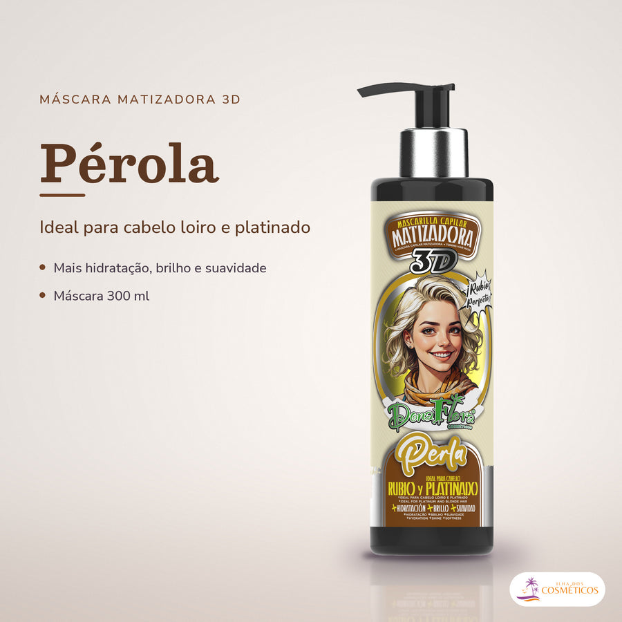Máscara Matizadora Pérola Dona Flora Tom Loiro: pote em fundo de estúdio, com o nome da linha e as notas