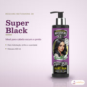 Máscara Matizadora Super Black Dona Flora Tom Preto: pote em fundo de estúdio, com o nome da linha e as notas