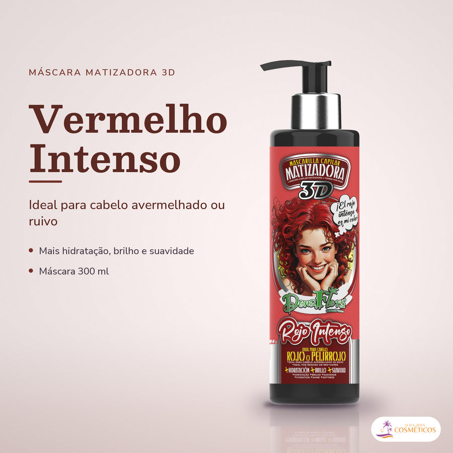 Máscara Matizadora Vermelho Intenso Ruivo Dona Flora: pote em fundo de estúdio, com o nome da linha e as notas