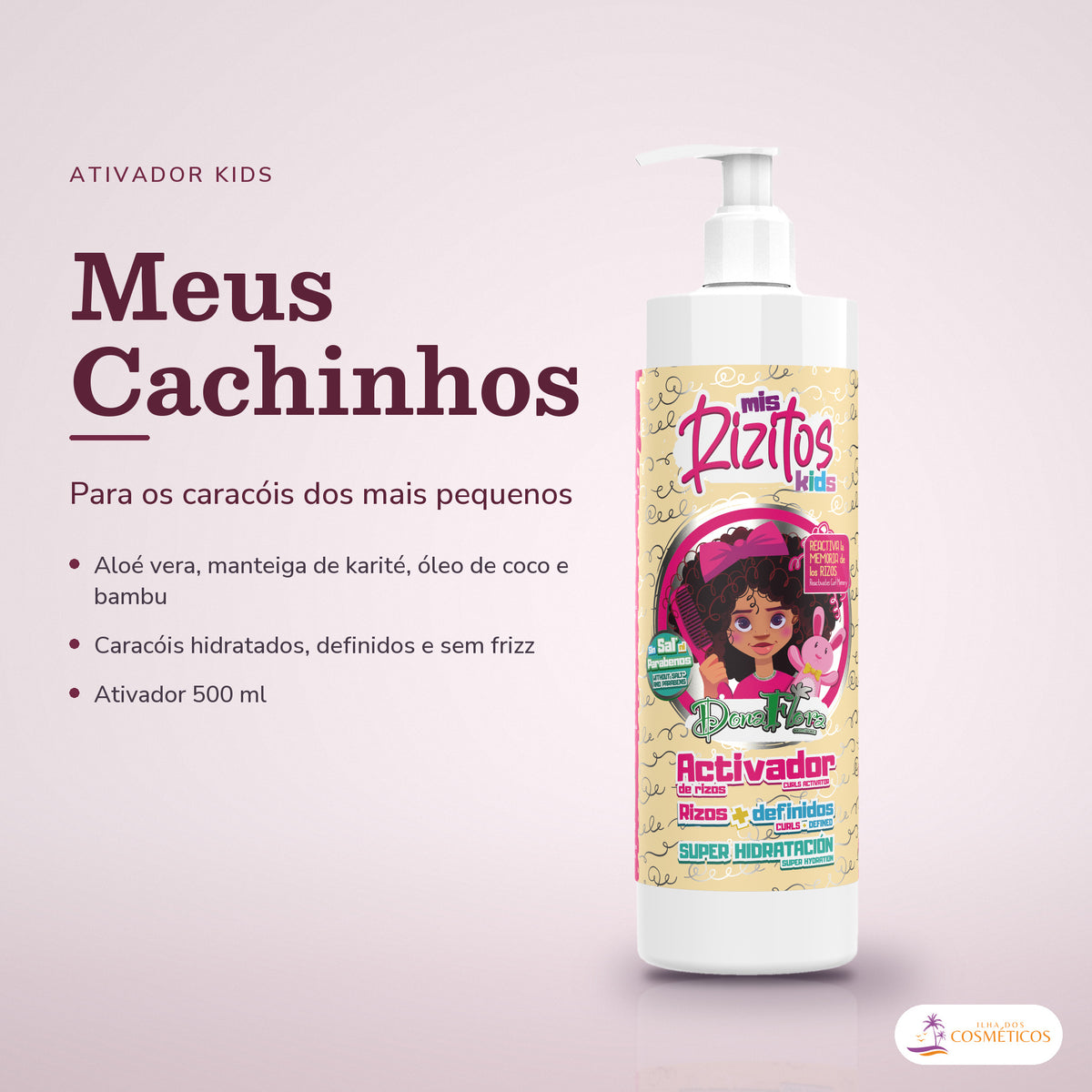 Ativador de Cachos Dona Flora Meus Cachinhos Kids: frasco em fundo de estúdio, com o nome da linha e as notas