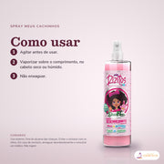 Spray Desembaraçante Meus Cachinhos Kids Dona Flora: passos numerados de como usar e os cuidados no fundo