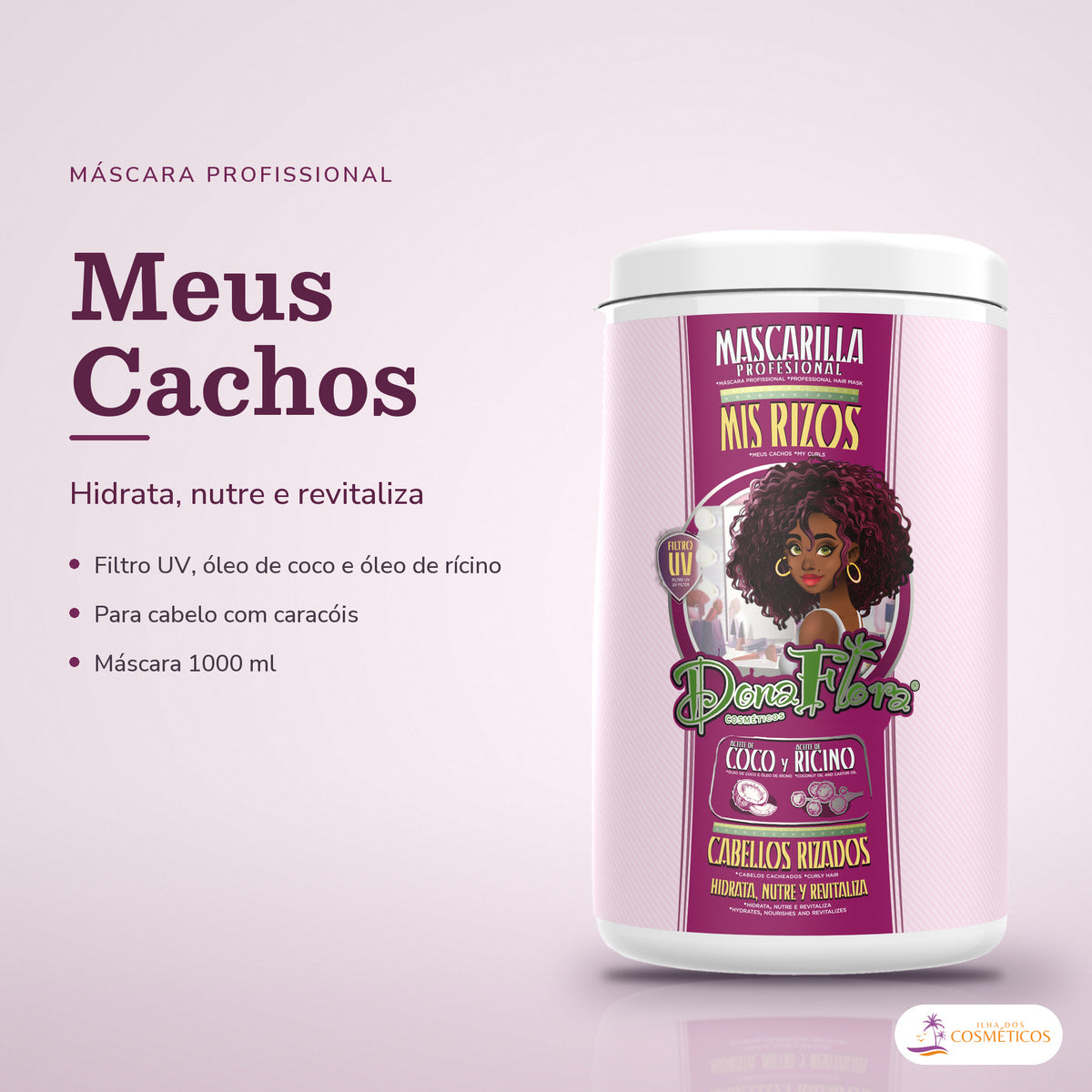 Máscara Meus Cachos Dona Flora com Coco e Rícino: pote em fundo de estúdio, com o nome da linha e as notas
