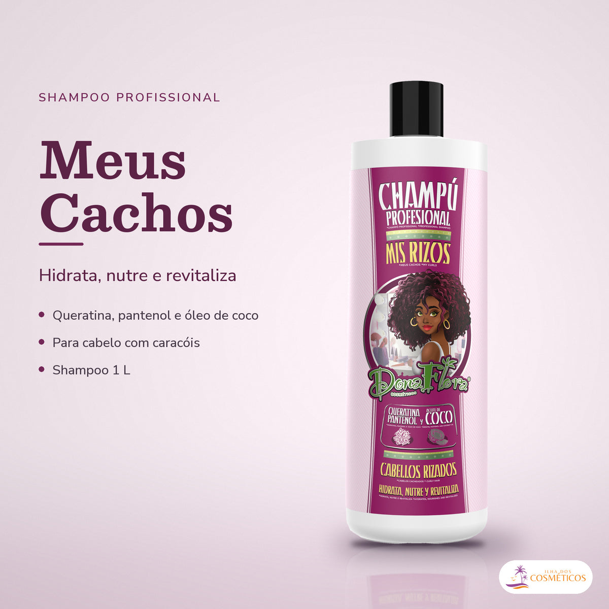 Shampoo Meus Cachos Dona Flora com Queratina e Coco: frasco em fundo de estúdio, com o nome da linha e as notas
