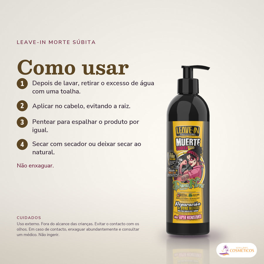 Leave-in Morte Súbita Dona Flora Proteção Térmica e UV: passos numerados de como usar e os cuidados no fundo