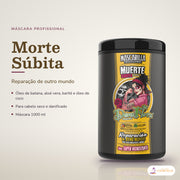 Máscara Morte Súbita Dona Flora Super Hidratante: pote em fundo de estúdio, com o nome da linha e as notas