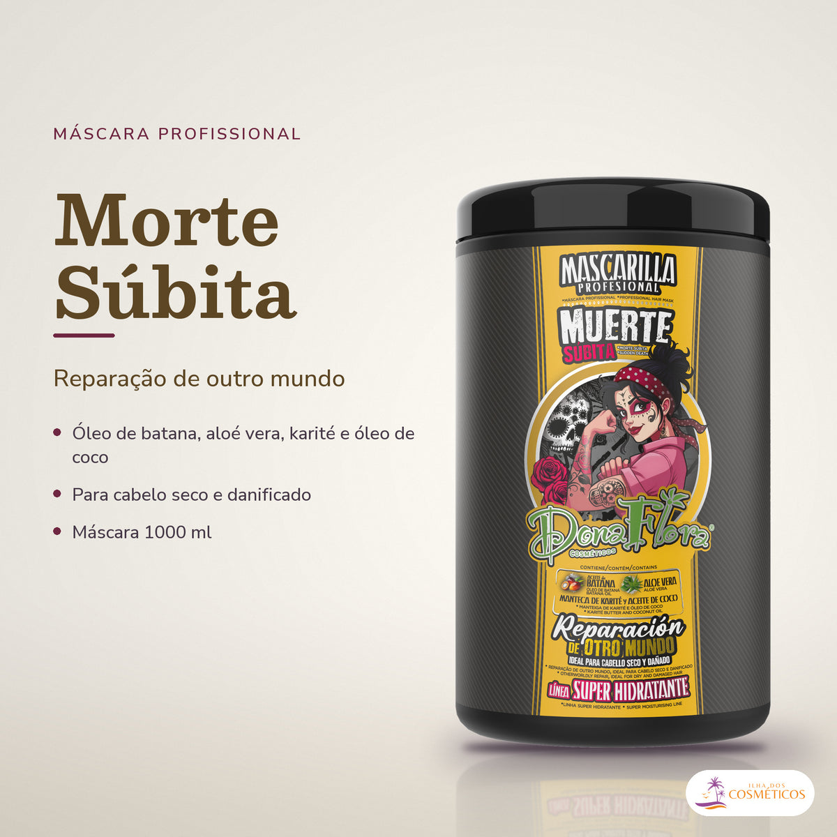 Máscara Morte Súbita Dona Flora Super Hidratante: pote em fundo de estúdio, com o nome da linha e as notas