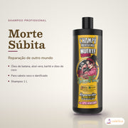 Shampoo Morte Súbita Dona Flora Super Hidratante: frasco em fundo de estúdio, com o nome da linha e as notas