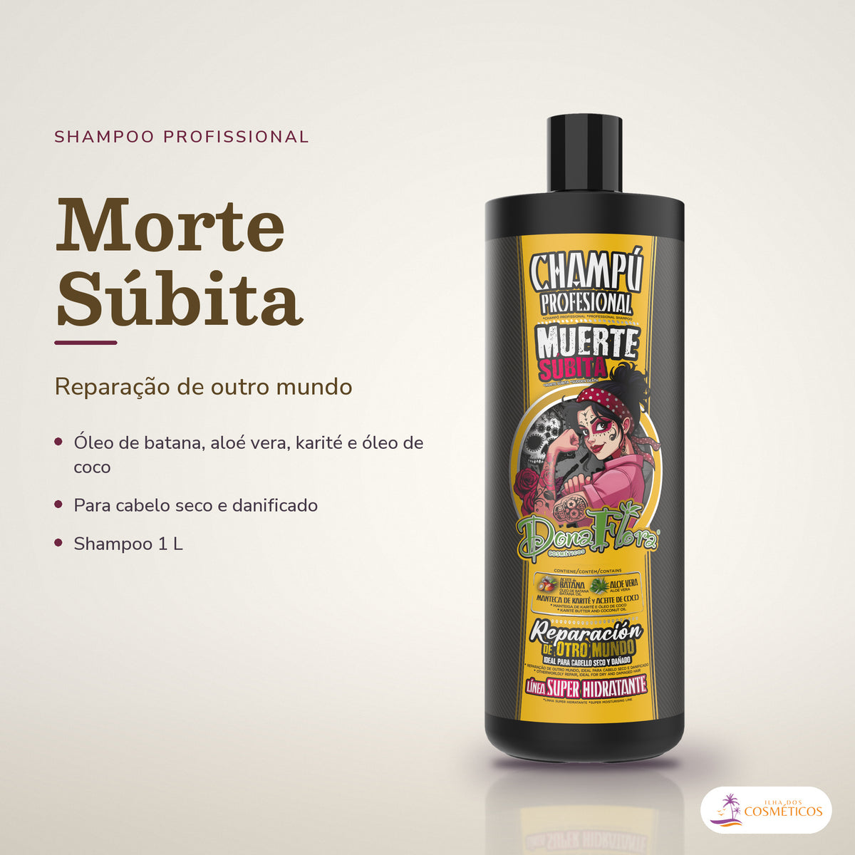 Shampoo Morte Súbita Dona Flora Super Hidratante: frasco em fundo de estúdio, com o nome da linha e as notas