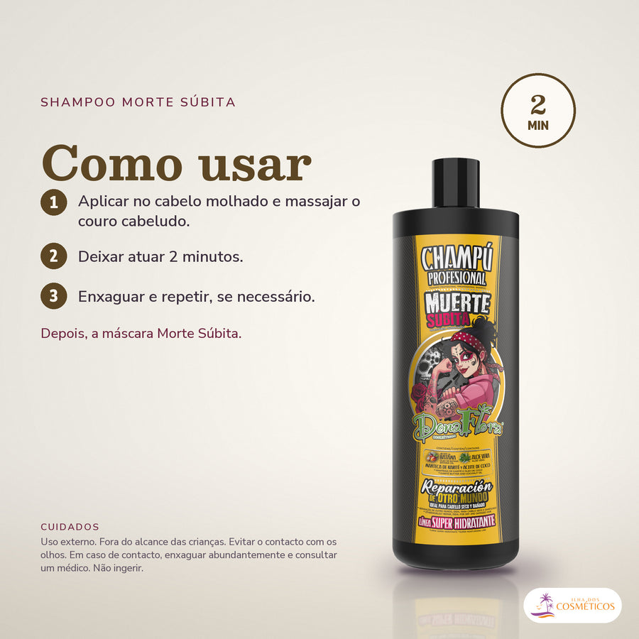 Shampoo Morte Súbita Dona Flora Super Hidratante: passos numerados de como usar e os cuidados no fundo