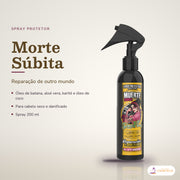 Spray Protetor Morte Súbita Dona Flora Hidratante: frasco em fundo de estúdio, com o nome da linha e as notas