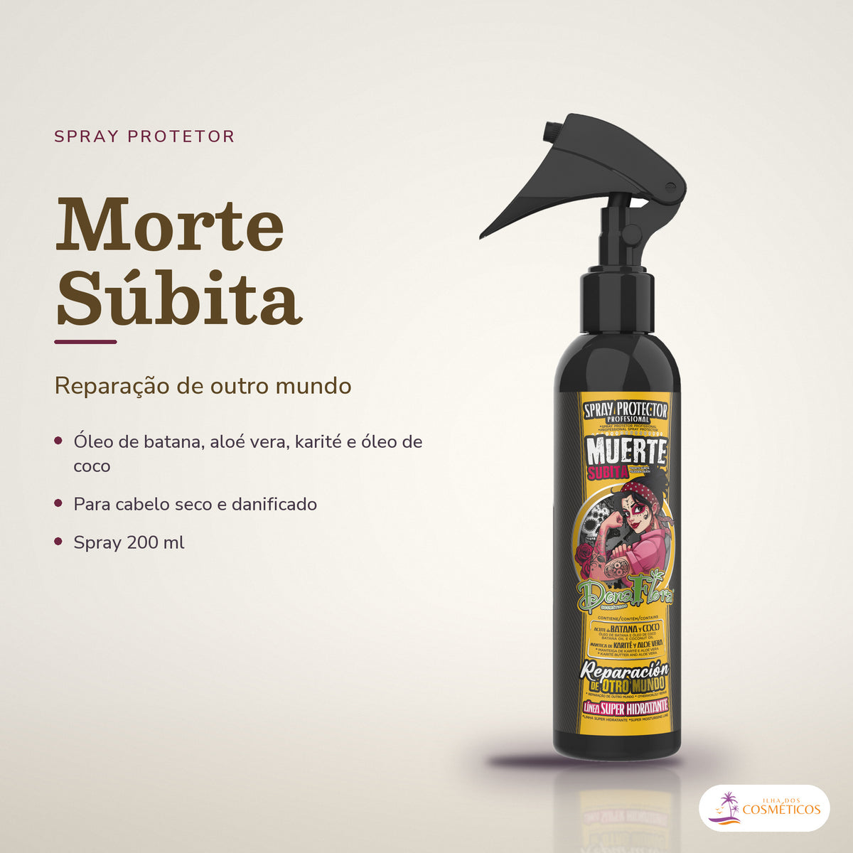 Spray Protetor Morte Súbita Dona Flora Hidratante: frasco em fundo de estúdio, com o nome da linha e as notas