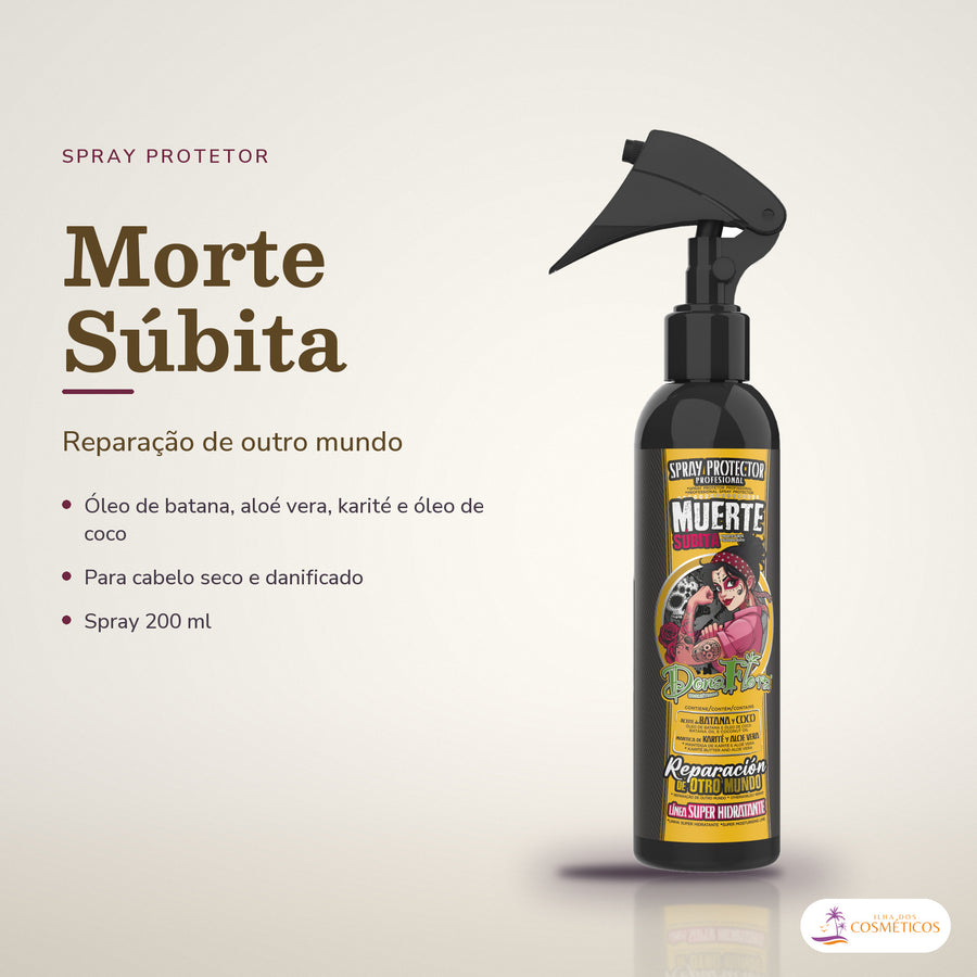 Spray Protetor Morte Súbita Dona Flora Hidratante: frasco em fundo de estúdio, com o nome da linha e as notas