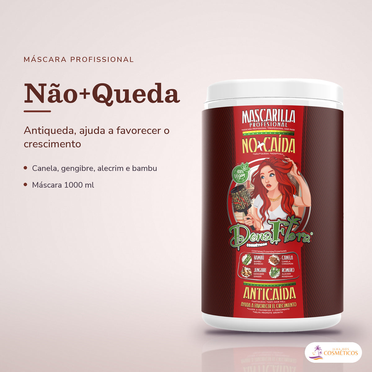 Máscara Antiqueda Dona Flora Não+Queda com Alecrim: pote em fundo de estúdio, com o nome da linha e as notas