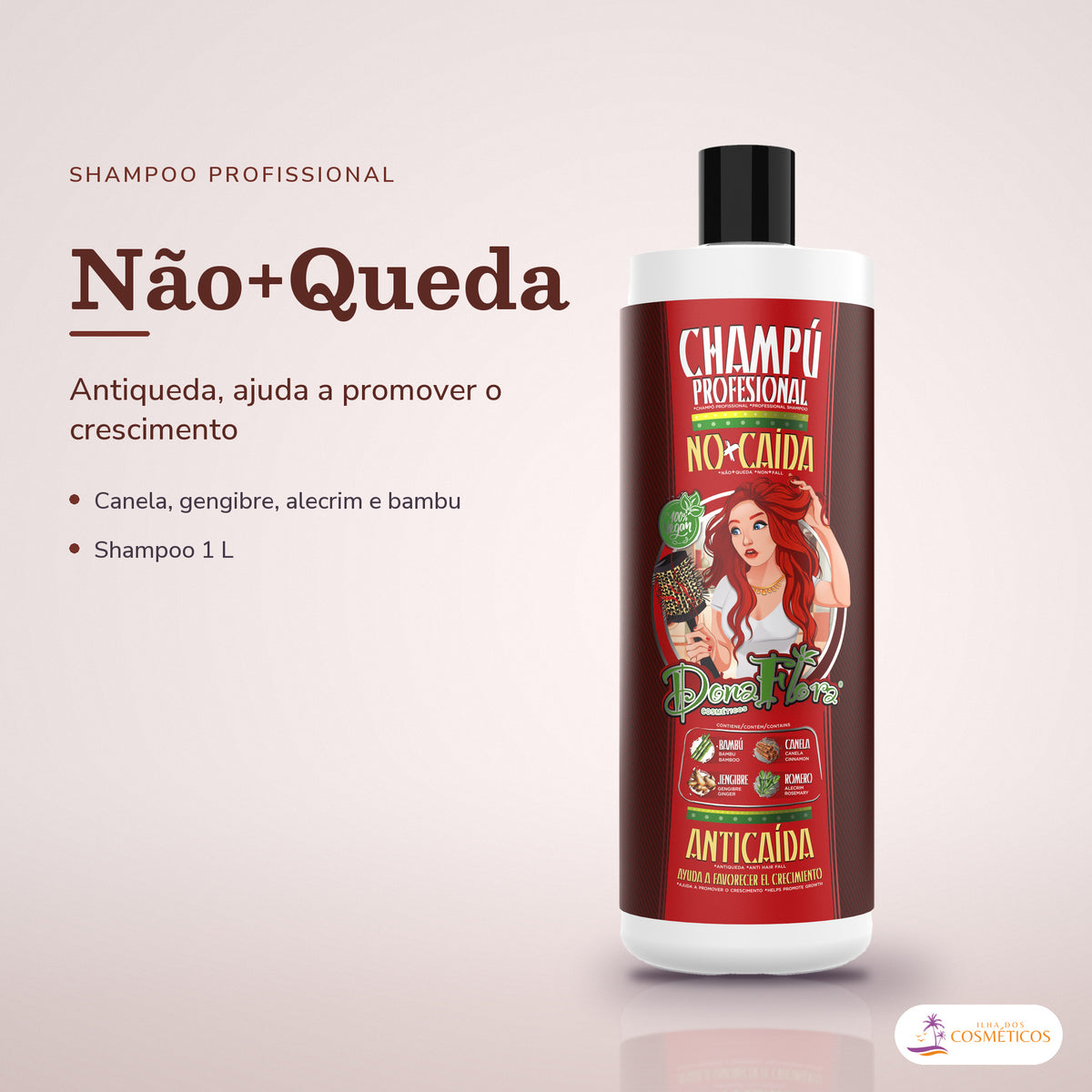 Shampoo Antiqueda Dona Flora Não+Queda com Alecrim: frasco em fundo de estúdio, com o nome da linha e as notas