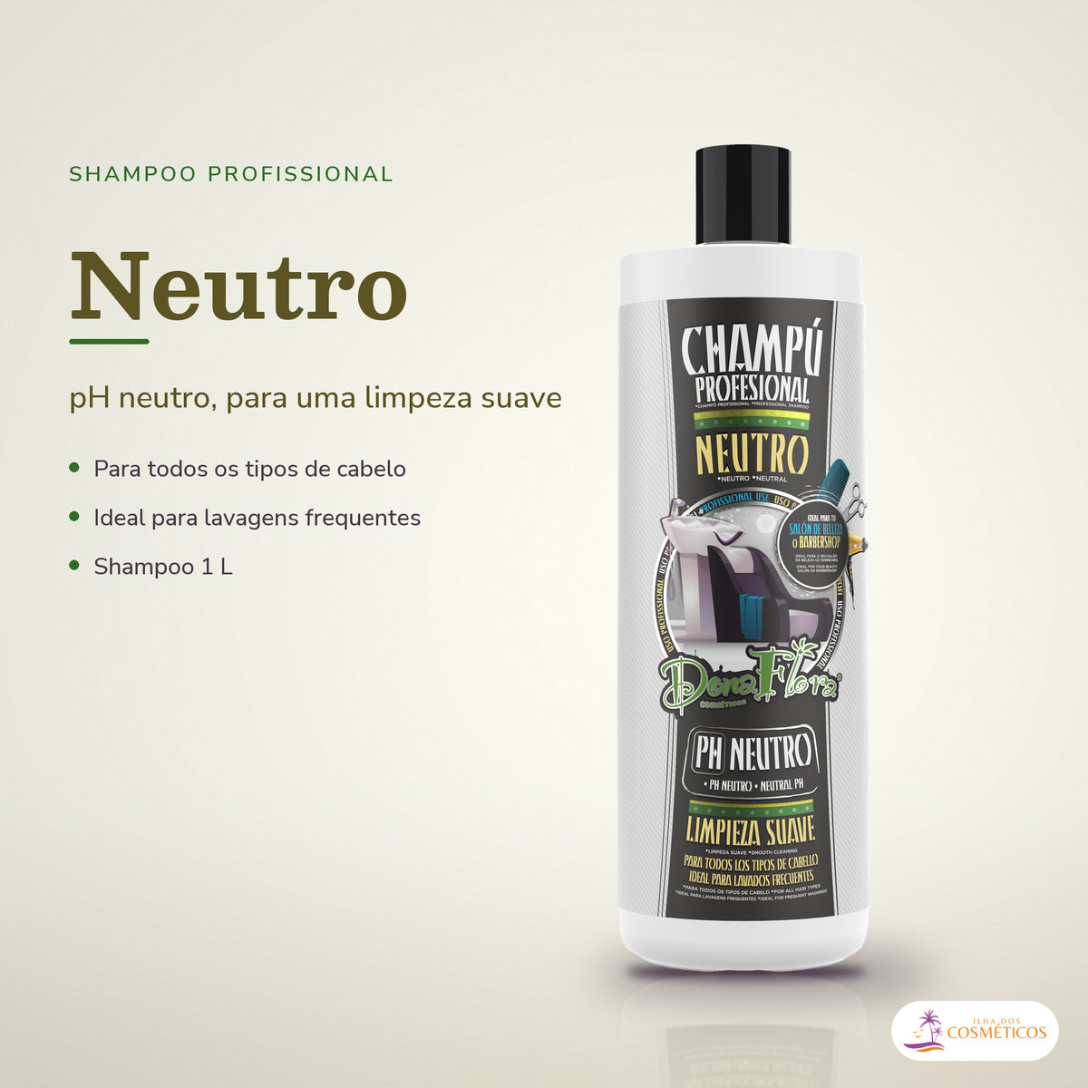 Shampoo Neutro Dona Flora: frasco em fundo de estúdio, com o nome da linha e as notas
