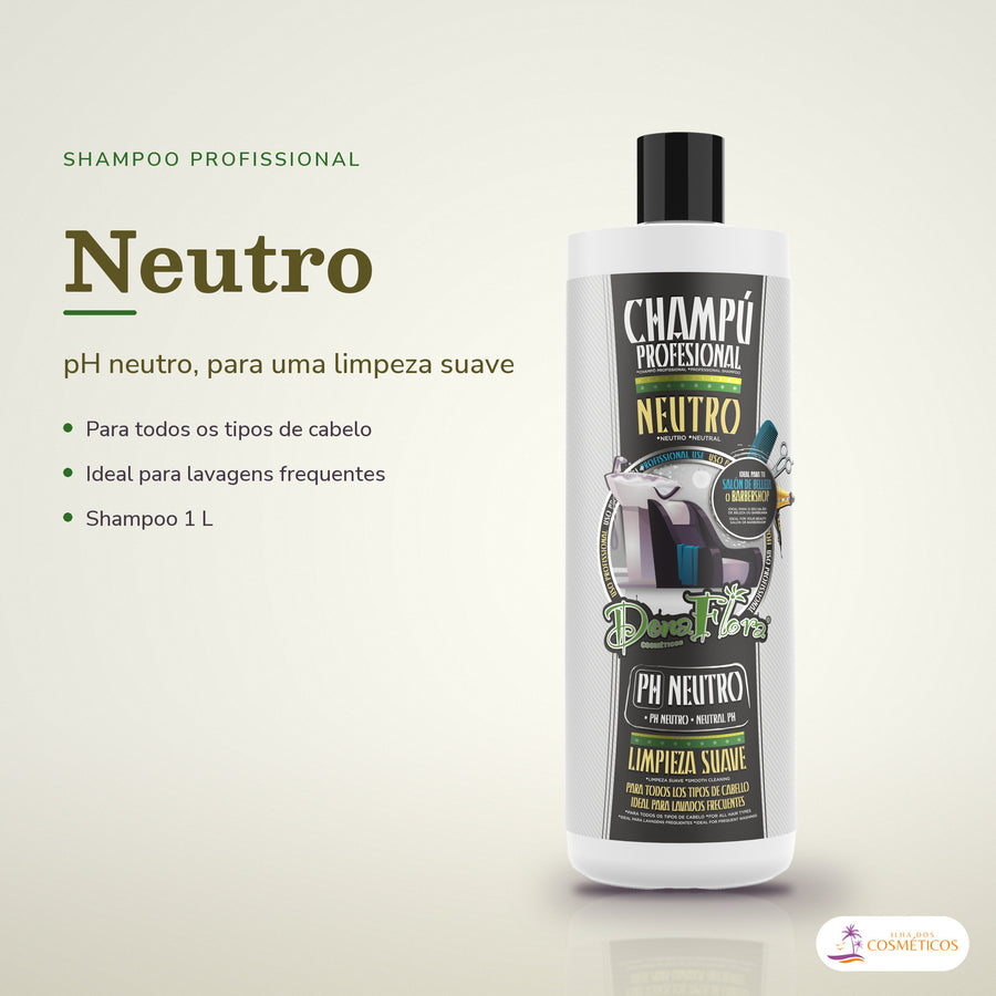 Shampoo Neutro Dona Flora: frasco em fundo de estúdio, com o nome da linha e as notas