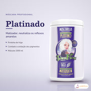 Máscara Matizadora Platinado Dona Flora Cabelo Loiro: pote em fundo de estúdio, com o nome da linha e as notas