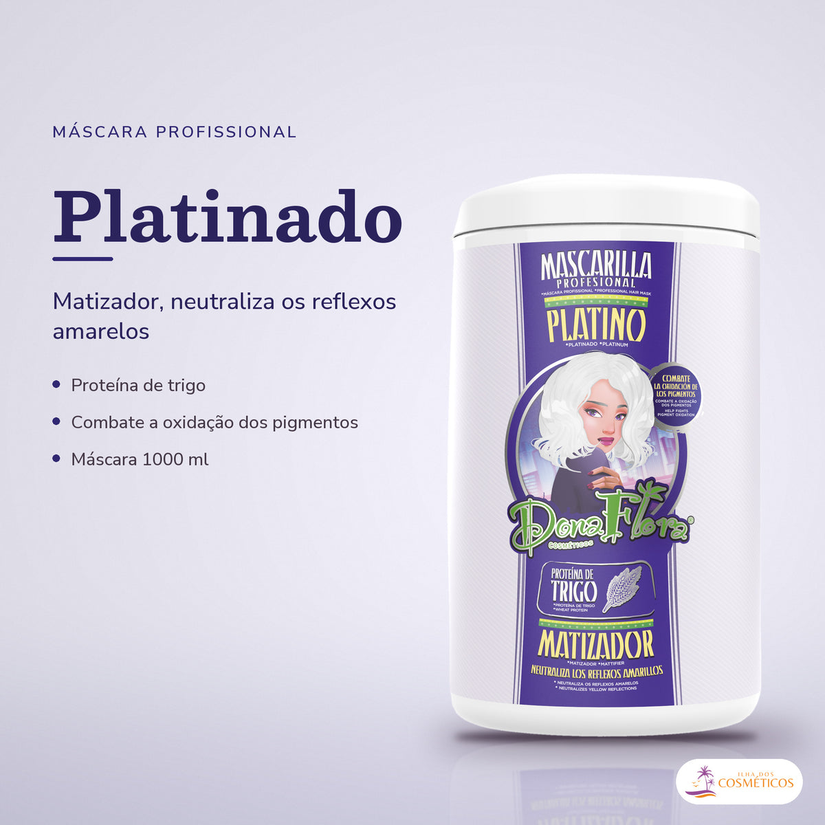 Máscara Matizadora Platinado Dona Flora Cabelo Loiro: pote em fundo de estúdio, com o nome da linha e as notas