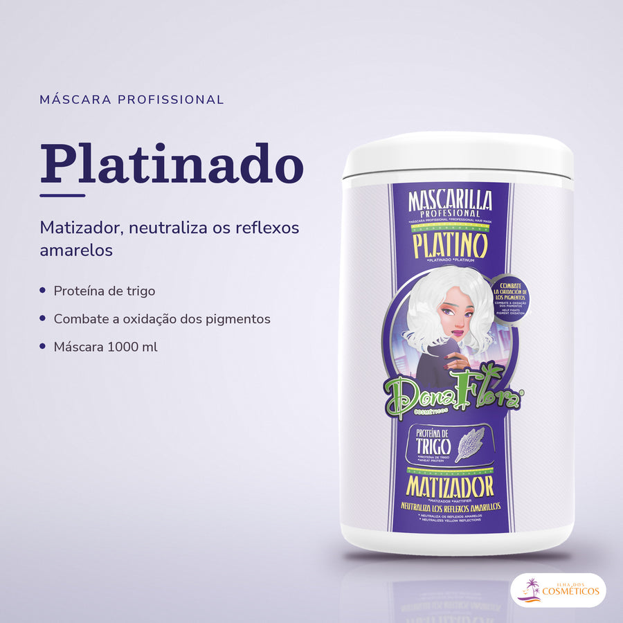 Máscara Matizadora Platinado Dona Flora Cabelo Loiro: pote em fundo de estúdio, com o nome da linha e as notas