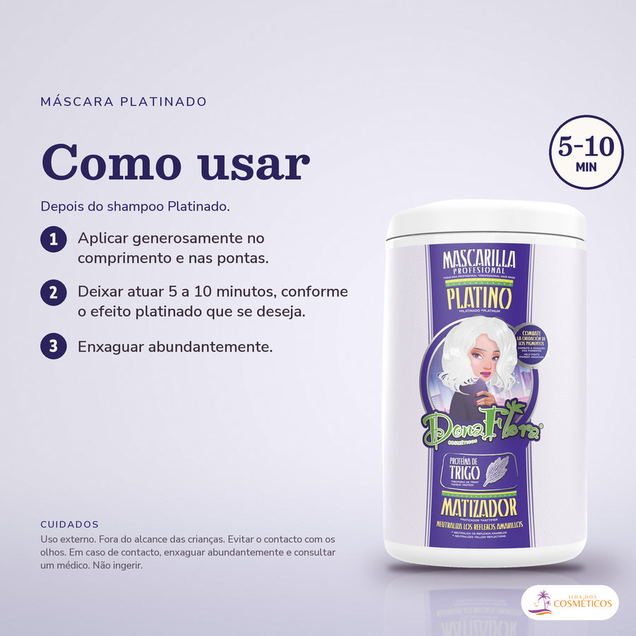 Máscara Matizadora Platinado Dona Flora Cabelo Loiro: passos numerados de como usar e os cuidados no fundo