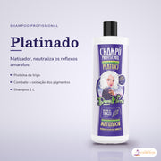 Shampoo Matizador Platinado Dona Flora Cabelo Loiro: frasco em fundo de estúdio, com o nome da linha e as notas