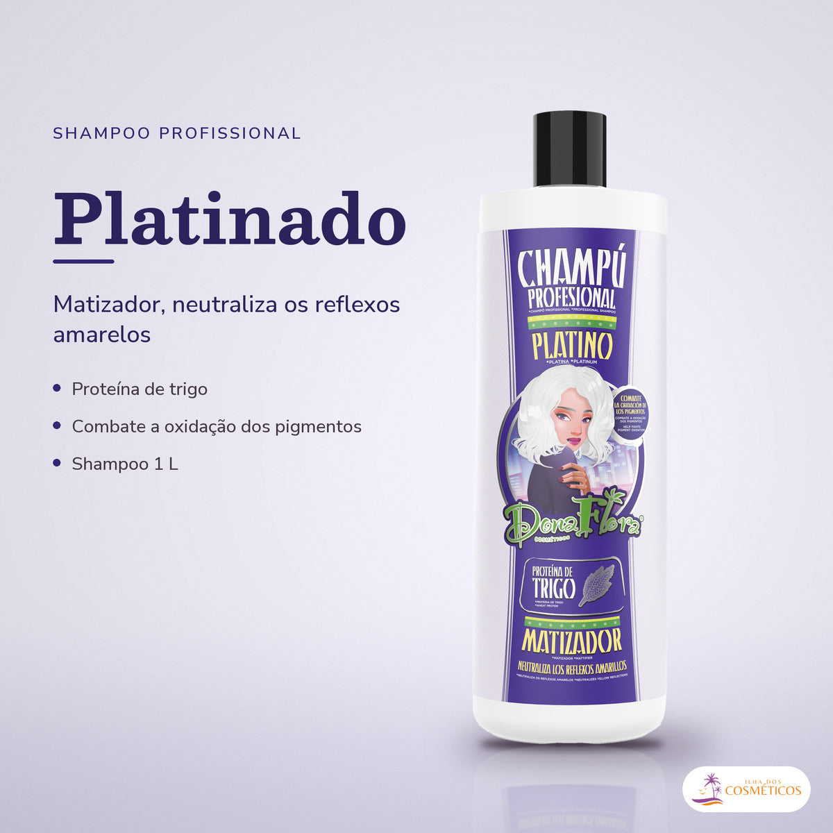 Shampoo Matizador Platinado Dona Flora Cabelo Loiro: frasco em fundo de estúdio, com o nome da linha e as notas