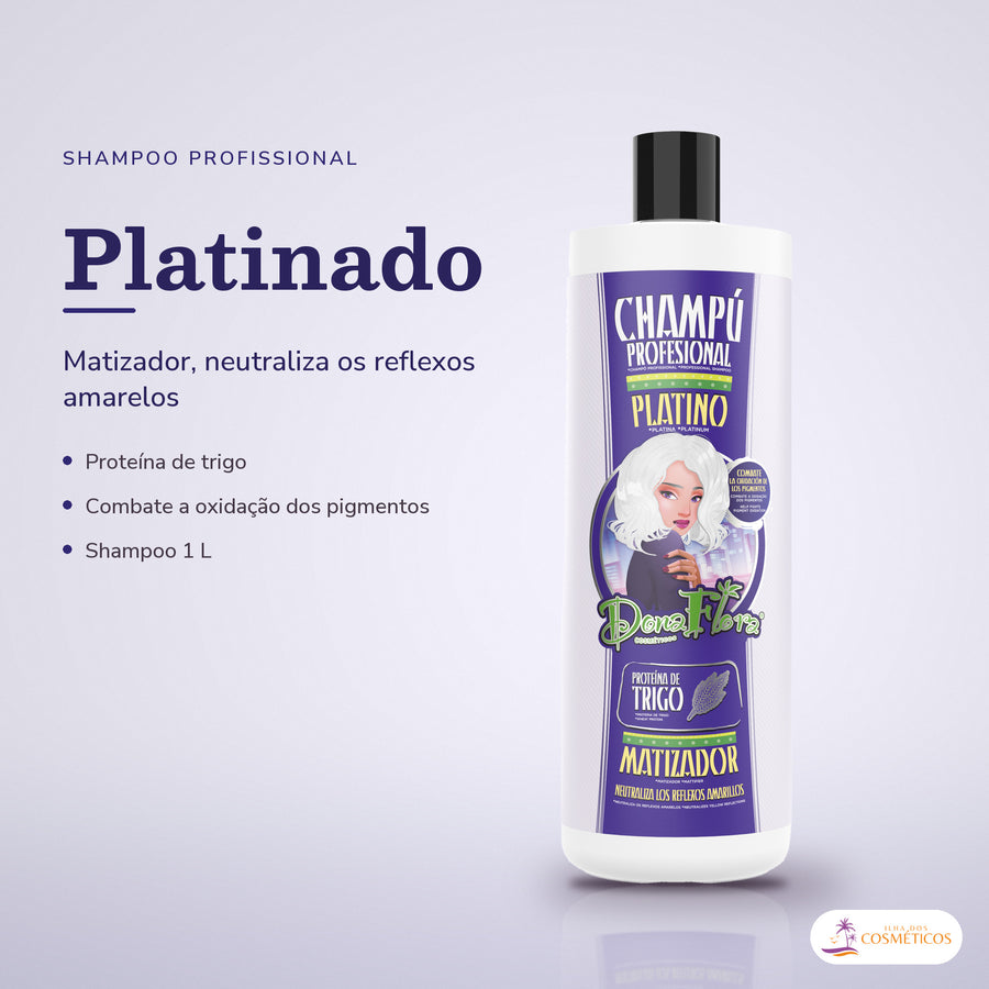 Shampoo Matizador Platinado Dona Flora Cabelo Loiro: frasco em fundo de estúdio, com o nome da linha e as notas
