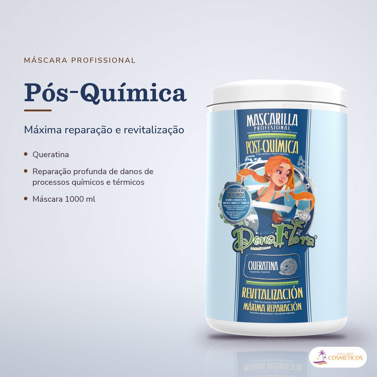 Máscara Pós-Química Dona Flora: pote em fundo de estúdio, com o nome da linha e as notas
