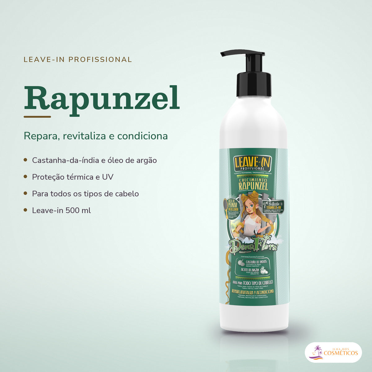 Leave-in Rapunzel Dona Flora Proteção Térmica e UV: frasco em fundo de estúdio, com o nome da linha e as notas