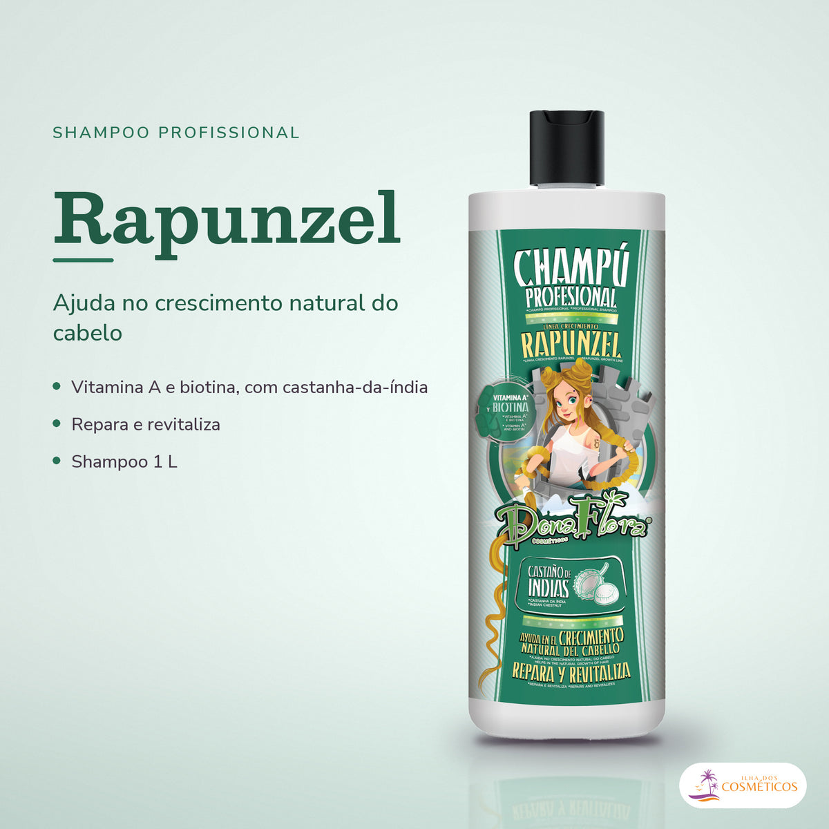Shampoo Rapunzel Dona Flora Crescimento com Biotina: frasco em fundo de estúdio, com o nome da linha e as notas