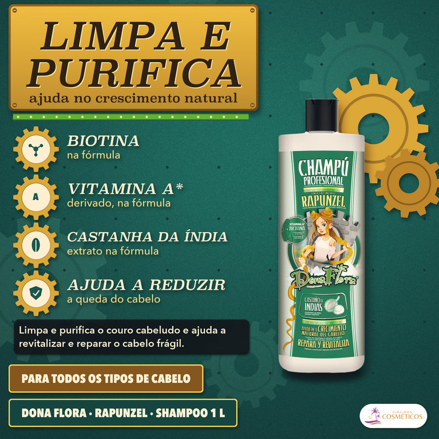 Shampoo Rapunzel Dona Flora Crescimento com Biotina: cartaz que diz limpa e purifica, com os ativos, para todos os cabelos