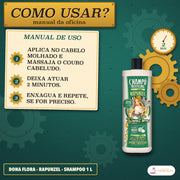 Shampoo Rapunzel Dona Flora Crescimento com Biotina: manual de uso em três passos, com o relógio dos 2 minutos