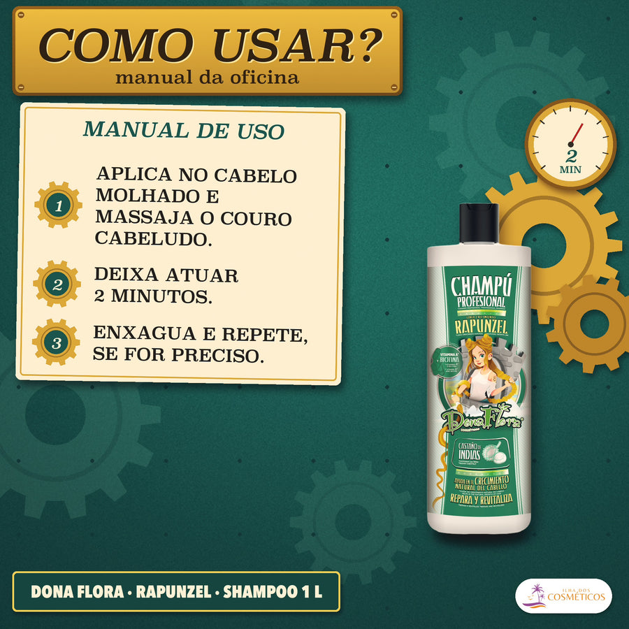 Shampoo Rapunzel Dona Flora Crescimento com Biotina: manual de uso em três passos, com o relógio dos 2 minutos