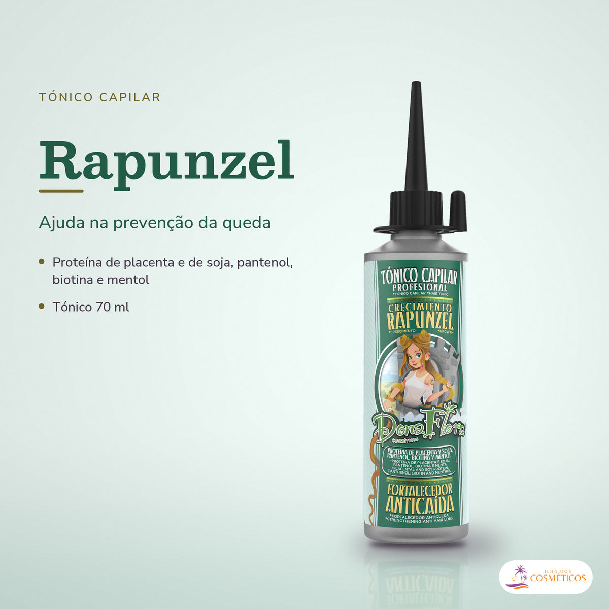 Tónico Rapunzel Dona Flora Ajuda na Prevenção da Queda: frasco em fundo de estúdio, com o nome da linha e as notas