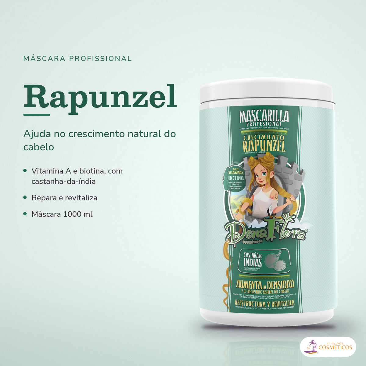 Máscara Rapunzel Dona Flora Crescimento com Biotina: pote em fundo de estúdio, com o nome da linha e as notas