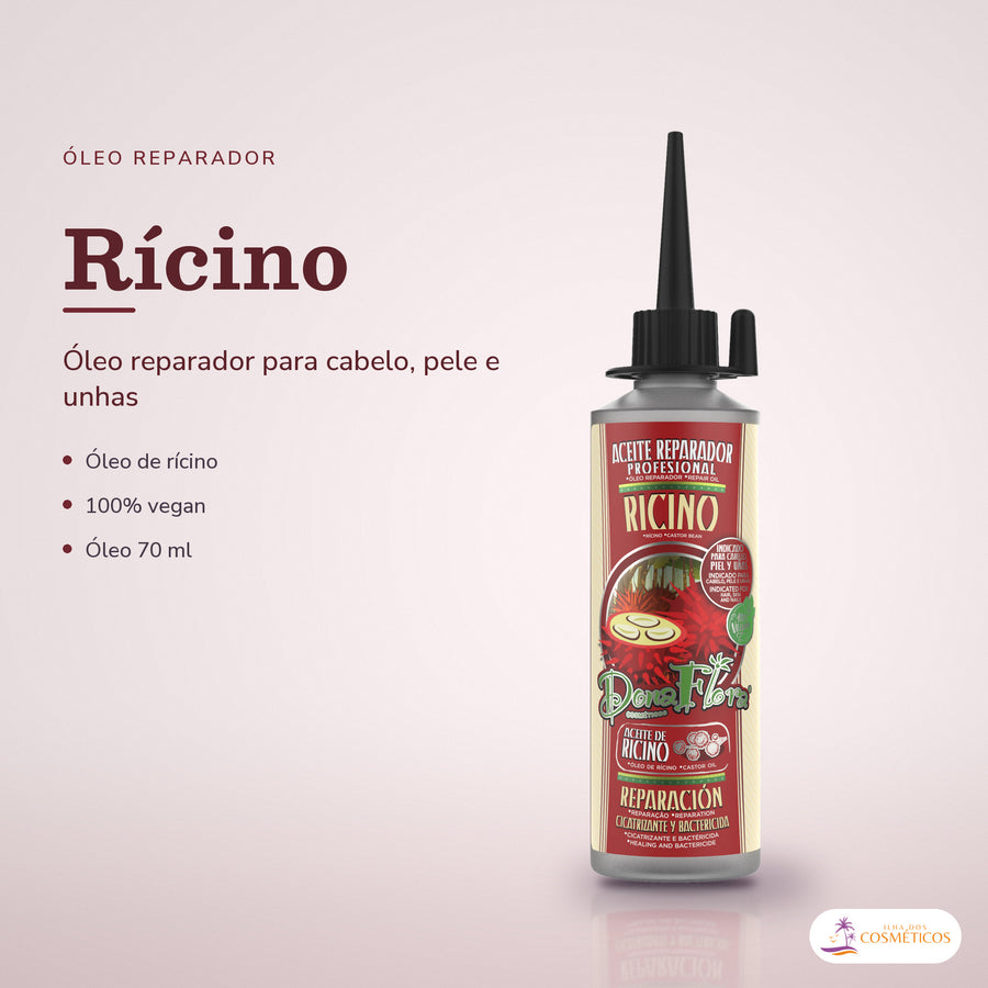 Óleo Rícino Dona Flora: frasco em fundo de estúdio, com o nome da linha e as notas