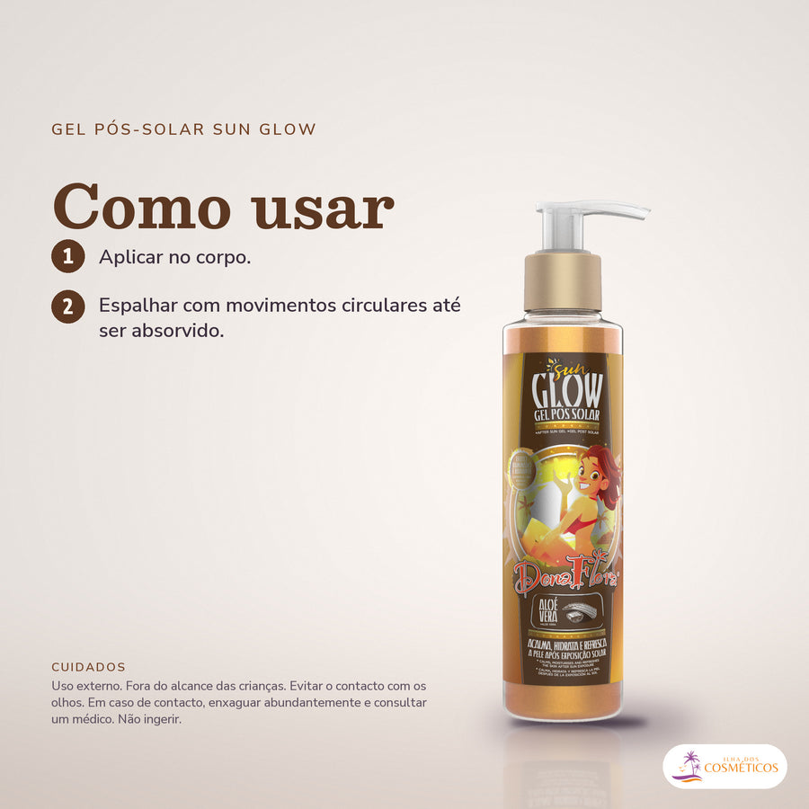 Gel Pós Solar Sun Glow Dona Flora Efeito Iluminado: passos numerados de como usar e os cuidados no fundo