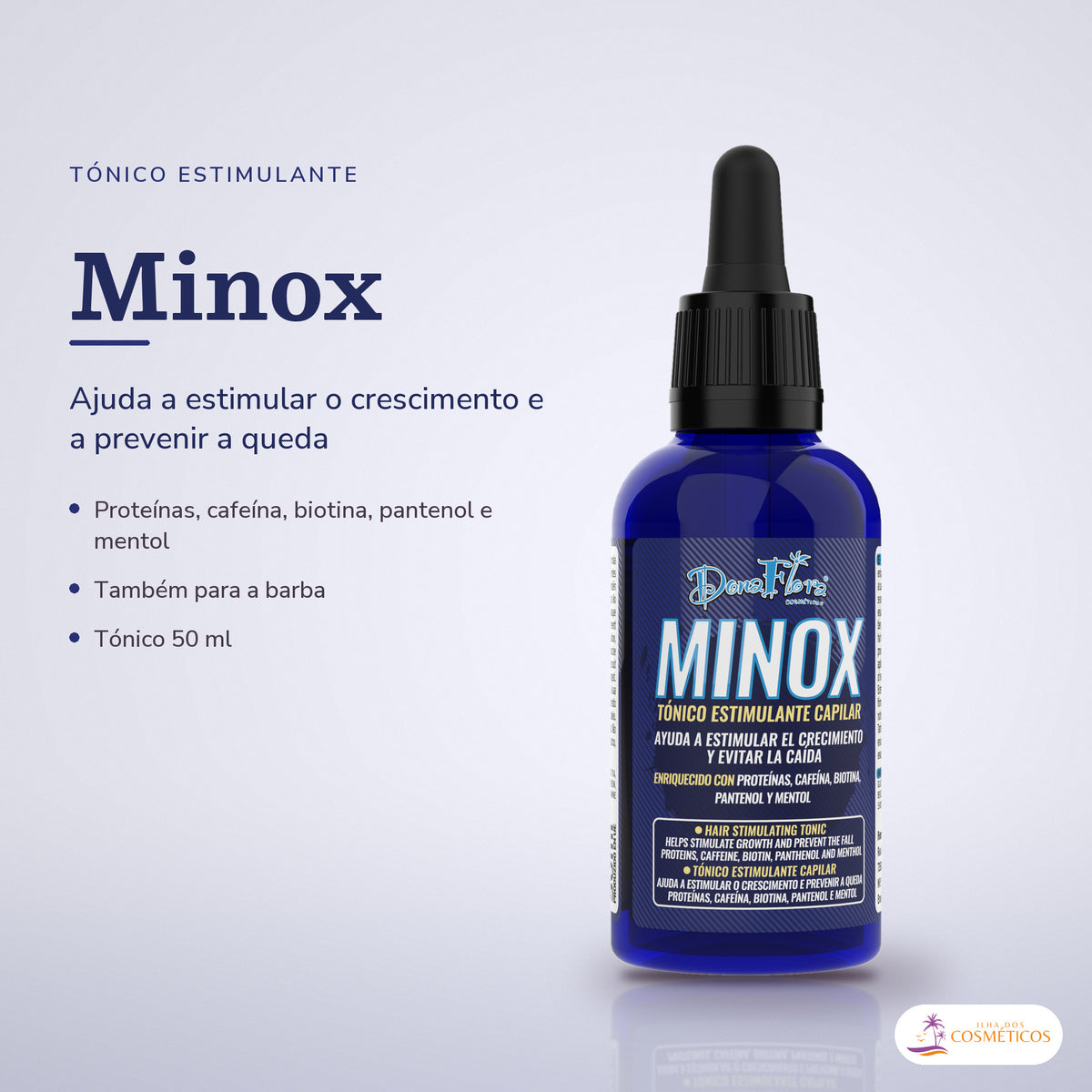Tônico MINOX Dona Flora: frasco em fundo de estúdio, com o nome da linha e as notas