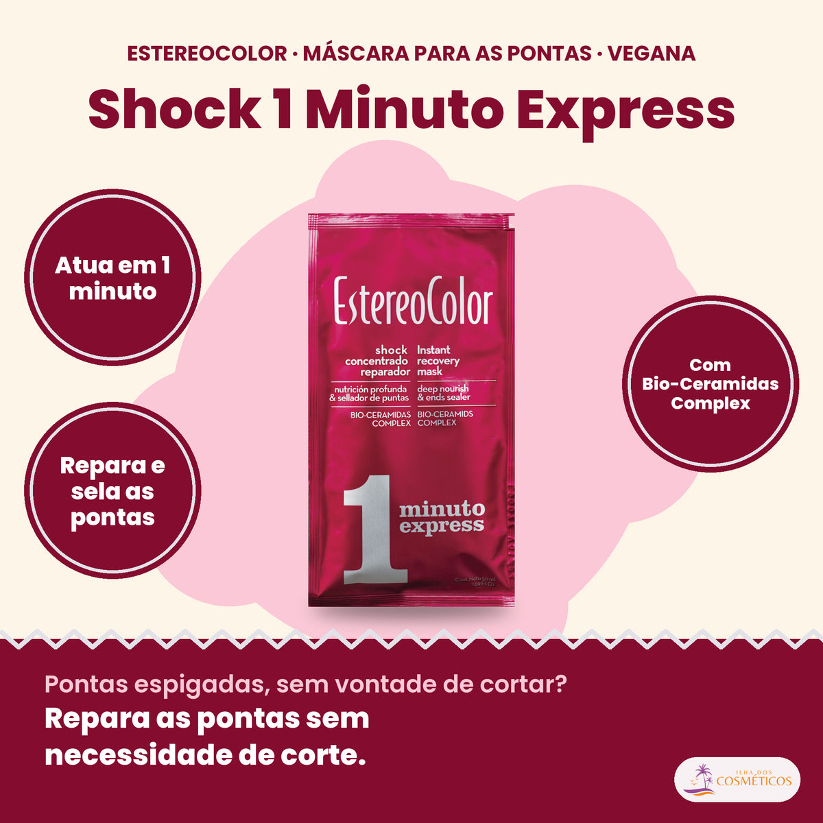 Estereocolor Shock 1 Minuto Express 50 ml: atua em 1 minuto, repara e sela as pontas, com Bio-Ceramidas Complex